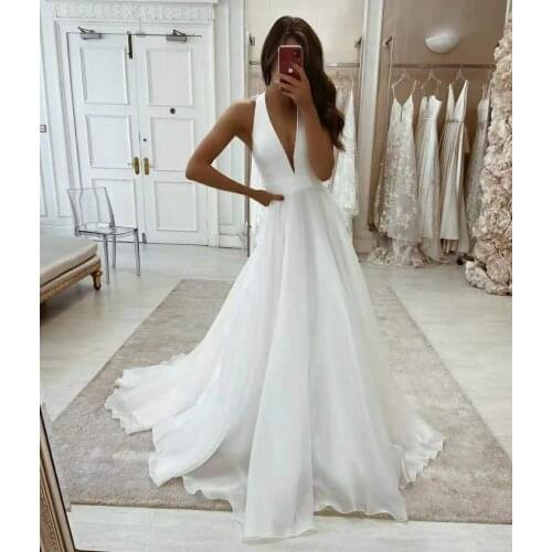 Sexy Deep V-Neck A-Line Long Satin Wedding Dresses with Pockets Custom White Floor Length V Back Bridal Gowns for Women
