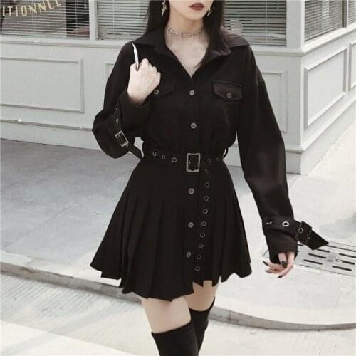 2020 Spring Autumn Punk Gothic Black Dress Fashion Long Sleeve Female Sexy Slim Dresses Cool Girl