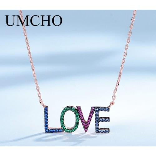 UMCHO Colorful Rainbow LOVE Letter Chain Solid 925 Sterling Silver Necklace For Women Anniversary Birthday Gift Fine Jewelry