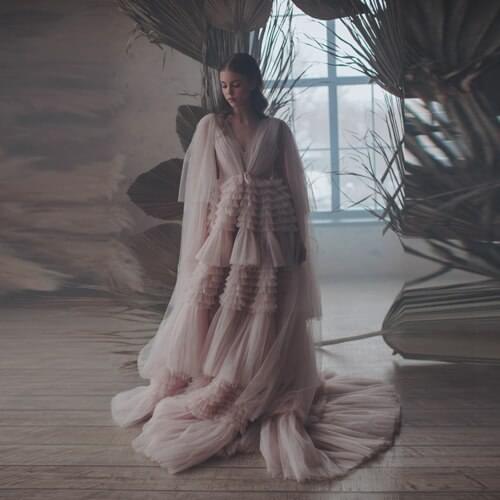 Fairy Dusty Pink Tiered Ruffled Tulle Dresses Charming Long Shoulder Sleeves V-Neck Dressing For Photo Shoot Custom Made