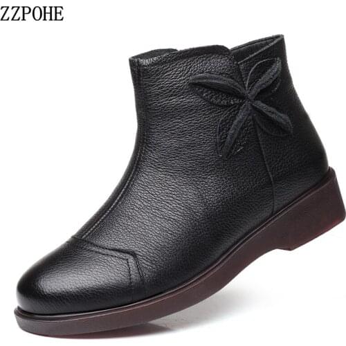 ZZPOHE Women Ankle Boots Shoes Women Fashion Genuine Leather Warm Snow Boots Female Winter Shoes Mother cotton boots Plus Size