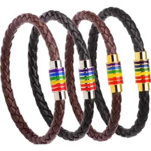 100pcs Black Braided Leather Bracelet Women Men Stainless Steel Gay Pride Rainbow Magnetic LGBT Charms Bracelet#265815