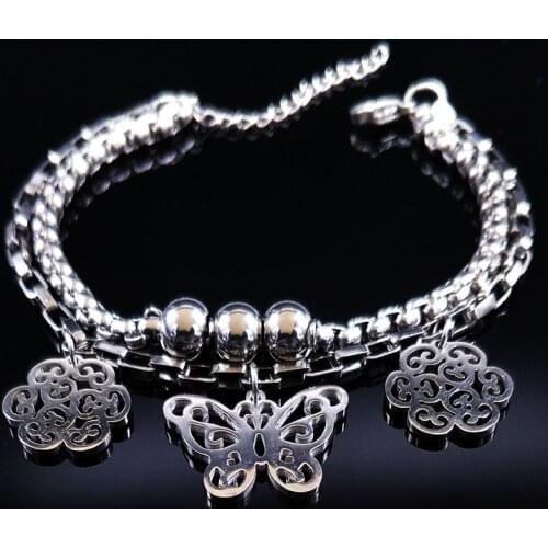 Butterfly Stainless Steel Bracelet Women Double Flower Silver Color Bracelets & Bangles Jewelry pulseras mujer moda 2021 B61474