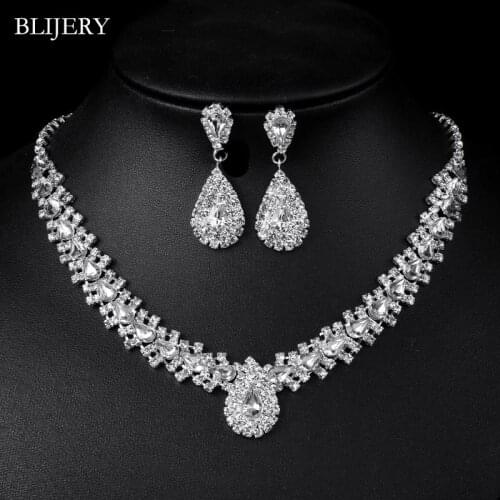 BLIJERY Sparkly Crystal Teardrops Style Wedding Bridal Jewelry Sets Silver Plated Choker Necklace Earrings Set for Women