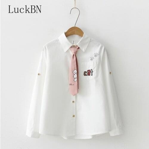 Cotton Women Cartoon Cat Embroidery White Shirt Turn-Down Collar Button Up Cute School Girls Blouse With Pink Tie Feminina Blusa