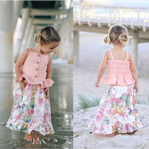 Boho Kid Baby Girl Sets Strap Ruffles Buttons Vest High Waist Floral Ankle-Length Skirts 2Pcs Outfits Summer Beach Clothes 1-6Y