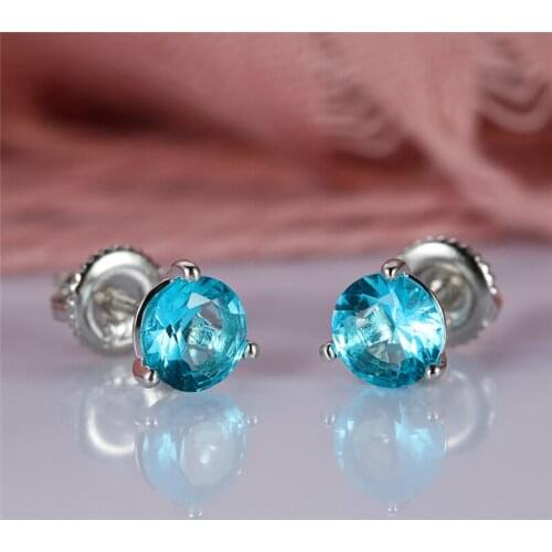 Cute Female 6/7/8mm Natural Aquamarine Round Earrings Luxury 925 Sterling Silver Earrings For Women Small Screw Stud Earrings
