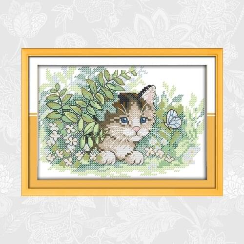 The cat and the butterfly Printed Canvas Cross Stitch kits, DMC Thread Needlework, DIY Handmade Cross-stitch Embroidery Sets