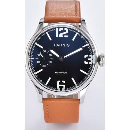 New PARNIS 44mm Hand-winding Mens Wristwatch black dial ST3600 movement small seconds leather strap polished case pin clasp