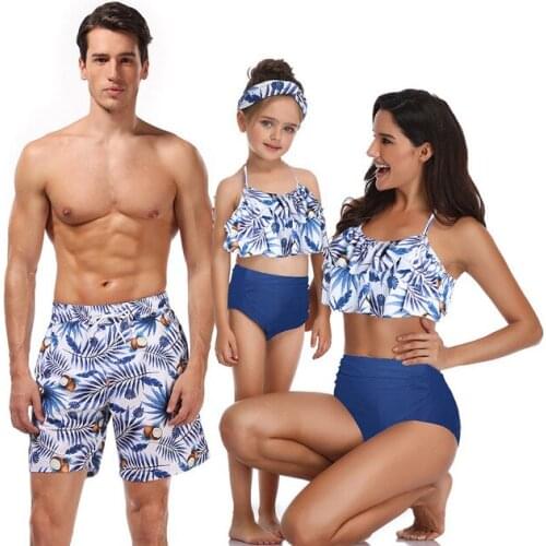 Leaf Swimsuit Family Matching Outfits Look Father Son Mother Daughter Swimwear Mommy and Me Bikini Dress Clothes Swimming Shorts