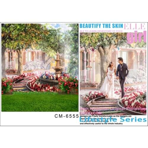 Blue vintage wedding photography backdrops green tree stone brick stair wedding background for photo studio custom backdrops