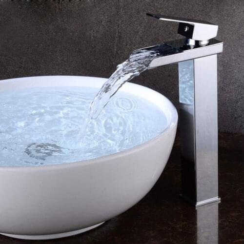 Faucet Bathroom Sink Waterfall Faucets Hot Cold Water Mixer Deck Mounted Single Hole Bath Tap Chrome Finished