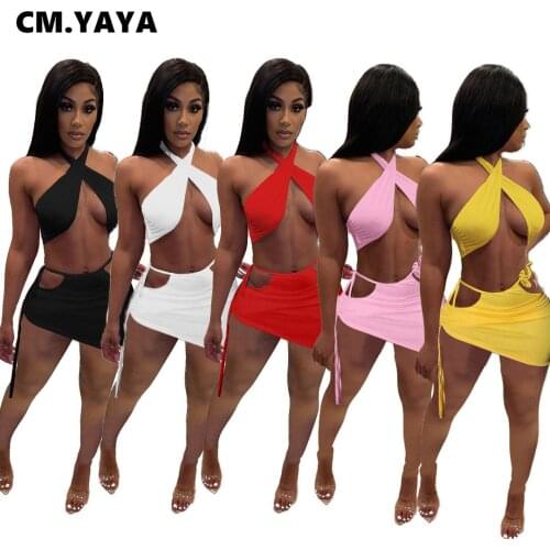 CM.YAYA Sexy Sets Women Solid Sleeveless Halter Crop Tops Low Waist Bandage Hollow Out Mini Skirts Two Piece Set Summer Outfits