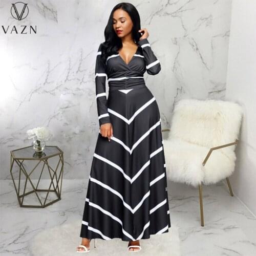 VAZN 2021 Long Sleeve Deep V-neck Striped Long Dresses Arrival Celebrity Evening Party Dresses Party Print Maxi Dress