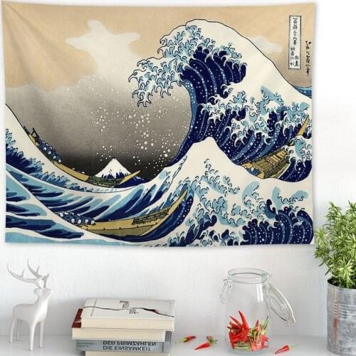 Japan Kanagawa Printed Hanging Tapestry Cilected Great Wave Painting Tapestry Polyester Boho Bedspread Yoga Mat Blanket