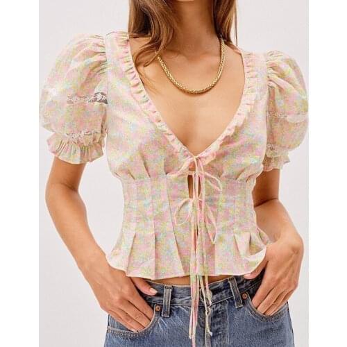 Flower Shirt Women Blouse Clothes Vintage Off Shoulder Top Short Puff Sleeve Fashion Bow Slash Neck 2021 Summer Print