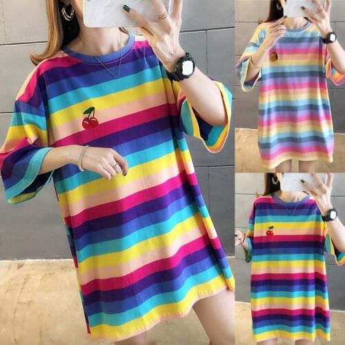 Women Summer Fashion Loose Short Sleeve O Neck Rainbow Striped T-shirt Blouse