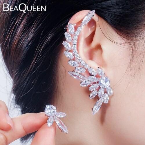 BeaQueen Sparkling Clear Cubic Zirconia Feather Wings Big Long Stud Earrings Crystal Ear Cuff Asymmetry Jewelry for Women E344