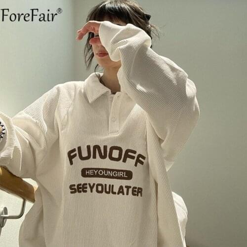 Forefair White Women Loose Sweatshirts Y2k Long Sleeve Letter Print Buttons Autumn Winter Fashion Casual Oversized Pullover 2021