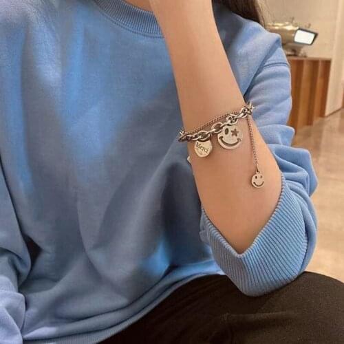 High Quality Smile Face Titanium Steel Charm Bracelet Bangle for Women Punk Rock Chunky Chain Bracelets Friend Couple Jewelry