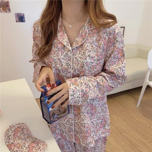Women pajama set long sleeve spring autumn floral print vintage sleepwear home suit lapel collar pants 2 piece set loose Y946