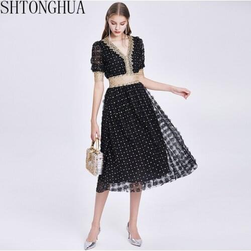 Elegant Lace Patchwork Embroidery Dresses 2020 Summer Female V Neck Puff Short Sleeve High Waist Hollow Out Fashion Dress