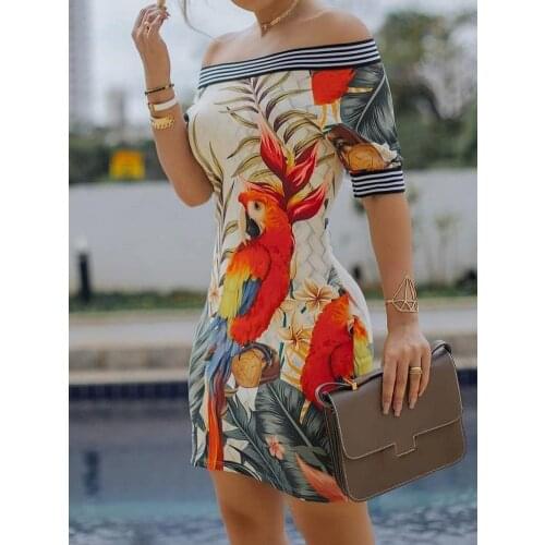 2020 Summer Women Elegant Slim Fit Print Bodycon Party Casual Dress Off Shoulder Bird Pattern Striped Tape Splicing Mini Dress