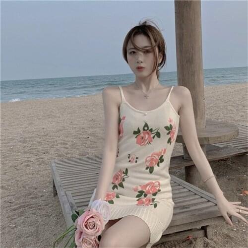 RUGOD Beige Print Summer Woman Dress Round Neck Spaghetti Strap Casual Holiday Dresses for Women Backless Bodycon Vestidos 2021