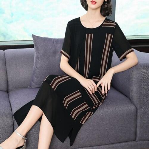 New Black Chiffon Maxi Dress 2021 Summer Elegant Dresses Fashion O-neck Short Sleeve Long Vintage Dresses Striped Party Vestidos