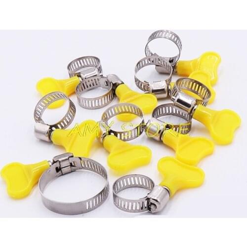 10pcs Adjustable Yellow Plastic Handle Hand Twist Hose Clamps Pipe Clips Worm Driving 304 Stainless steel 8-44mm