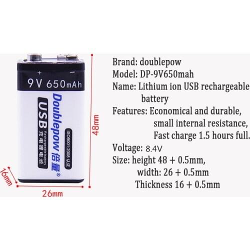 2 pcs. 9 In the original doublepow USB Battery 6F22 9V 650 mAh Wireless Microphone KTV Instrument Using Smart Battery