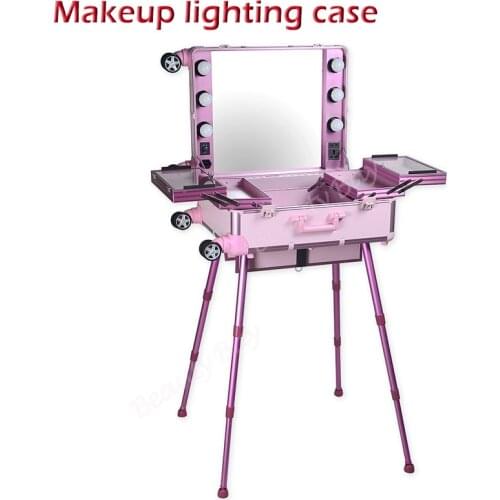 Aluminum makeup station with lighted mirror, makeup case with lights mirror and leg