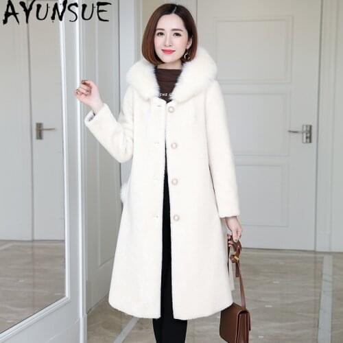AYUNSUE Winter Women Jacket Long Real Fur Coat Hooded Fox Fur Collar Womens Clothes Warm Woman Parkas Manteau Fourrure Femme LW