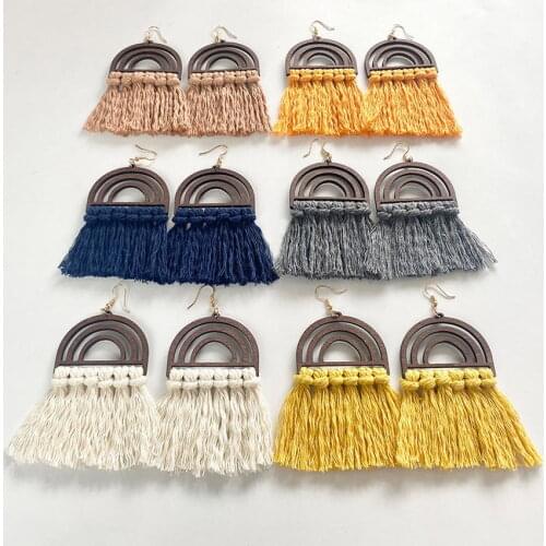 Free Shipping Cutout Rainbow Wood Queue Tassel Earrings for Women Trendy Layered Arch Wood Earrings Fall Jewelry Wholesale