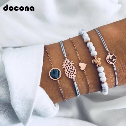 Docona Blue String Tortoise Pineapple Heart Bracelet Set for Women Bohemian Map Beads Adjustable Bracelet Bangle 5pcs/1set 6855