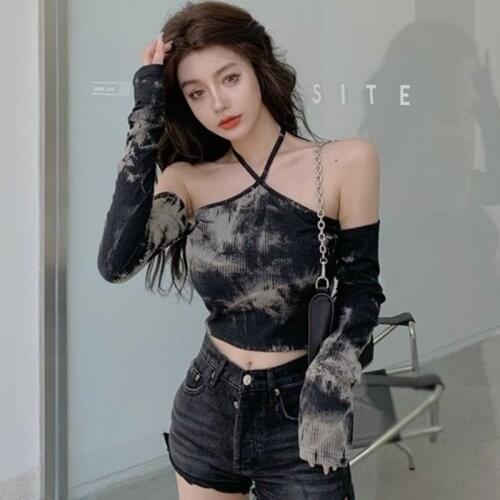 Women Tie Dye T-shirts Y2K Design Sense Of One-shoulder Halter Neck Short Long-sleeved Shirt Female Punk Style Streetwear