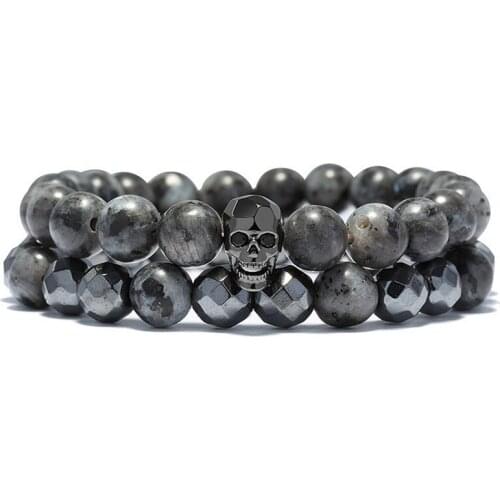 2018 Hot Brand New Fashion Charm Skeleton Bracelet Women Gifts Smiley Face Skull Head Black Stone Beads Bracelet For Men Jewelry