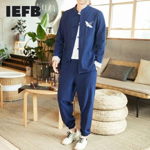 IEFB Mens Causal Embroidery Stand Collar Tang Suit + Loose Harem Turnup Pants Comfortable Two Pieces Set For Male 2021 9Y6029