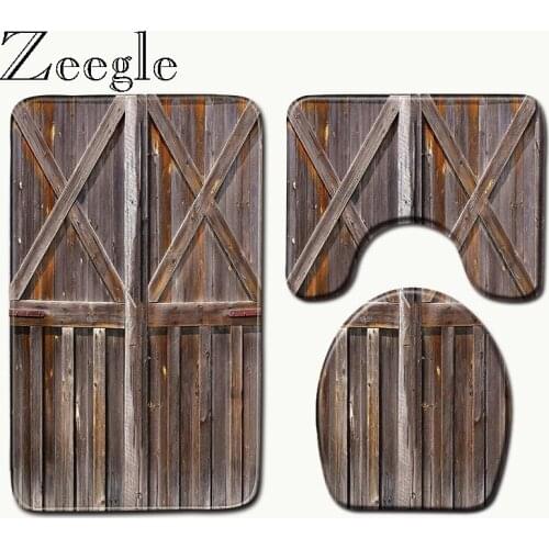 Zeegle Wood Pattern Bath Mat Set 3pcs Toilet Rug Set Lid Toilet Cover Anti-slip Bathroom Shower Mat Bath Floor Rug Soft Foot Mat