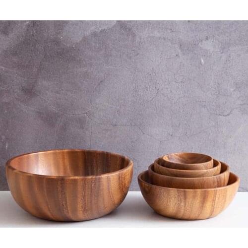Natural Hand-Made Wooden Salad Bowl Classic Large Round Acacia Wood Salad Soup Dining Bowl Plates Premium Wood Kitchen Utensils