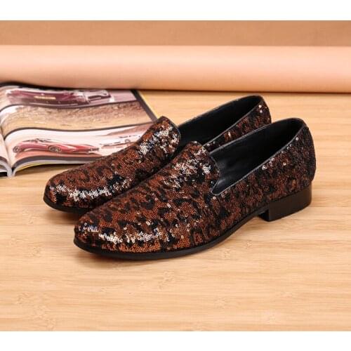 Christia Bella New Fashion Sequins Genuine Leather Slip on Man Flats Shoes Mens Party Dress Shoes Man Big Size Loafers Shoes