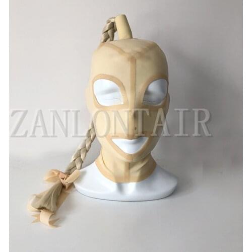 New design exotic sexy transvestite lingerie handmade nuder color latex hoods mask cekc with pigtail Twisted braids wig fetish