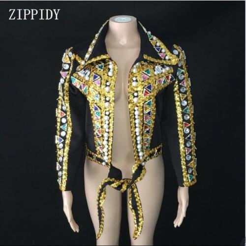 New Fashion Design Handmade Colorful Rhinestones Jacket Female Singer Sexy Dance Costume Outerwear Coat Stage Performance Wear