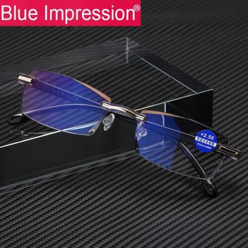 B.I Anti Blue Light Computer Blocking Rimless Reading Glasses Women Men Square Frameless Presbyopic Glasses Diopters +1.0 4.0