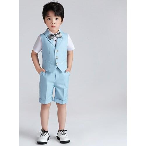 Boys Girls Summer Vest+Short+Bowtie 3Pcs Formal Wedding Suit Gentleman Kids Performance Dress Children Graduation Clothing Set