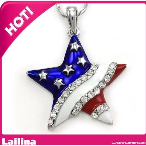 Patriotic Red White Blue American USA US Flag Star Necklace Pendant Clear Rhinestones 4th of July Jewelry