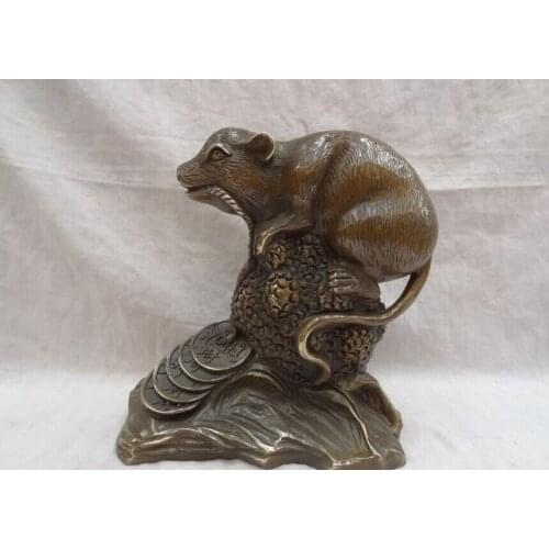 Song voge gem S3072 9" Chinese Bronze Copper Wealth Mouse On Coin Ball Statue Sculpture Animals
