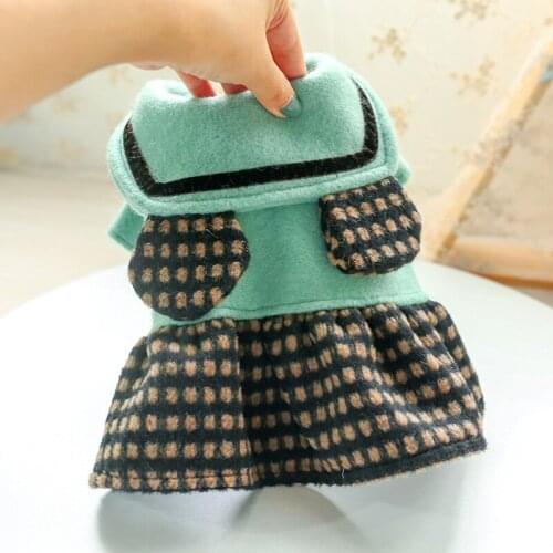 Pet Dog Dress Cat Clothing Autumn Winter Warm Bear Ears Lapel Woolen Fabric Dog Clothes Plaid Puppy Kitten Skirts Costumes