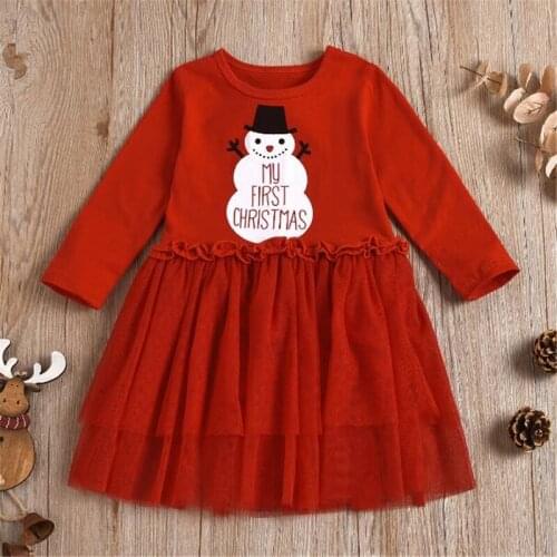 Little Girls Christmas Themed Dress, Show Costume Snowman Print Long Sleeve Yarn Dress, Elastic Waist Skirt