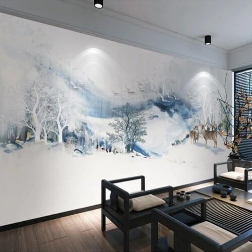 Custom 3D Mural Wallpaper Chinese Style Abstract Ink Mountain Water Bird Elk Study Room Bedroom Background Wall Decor Painting